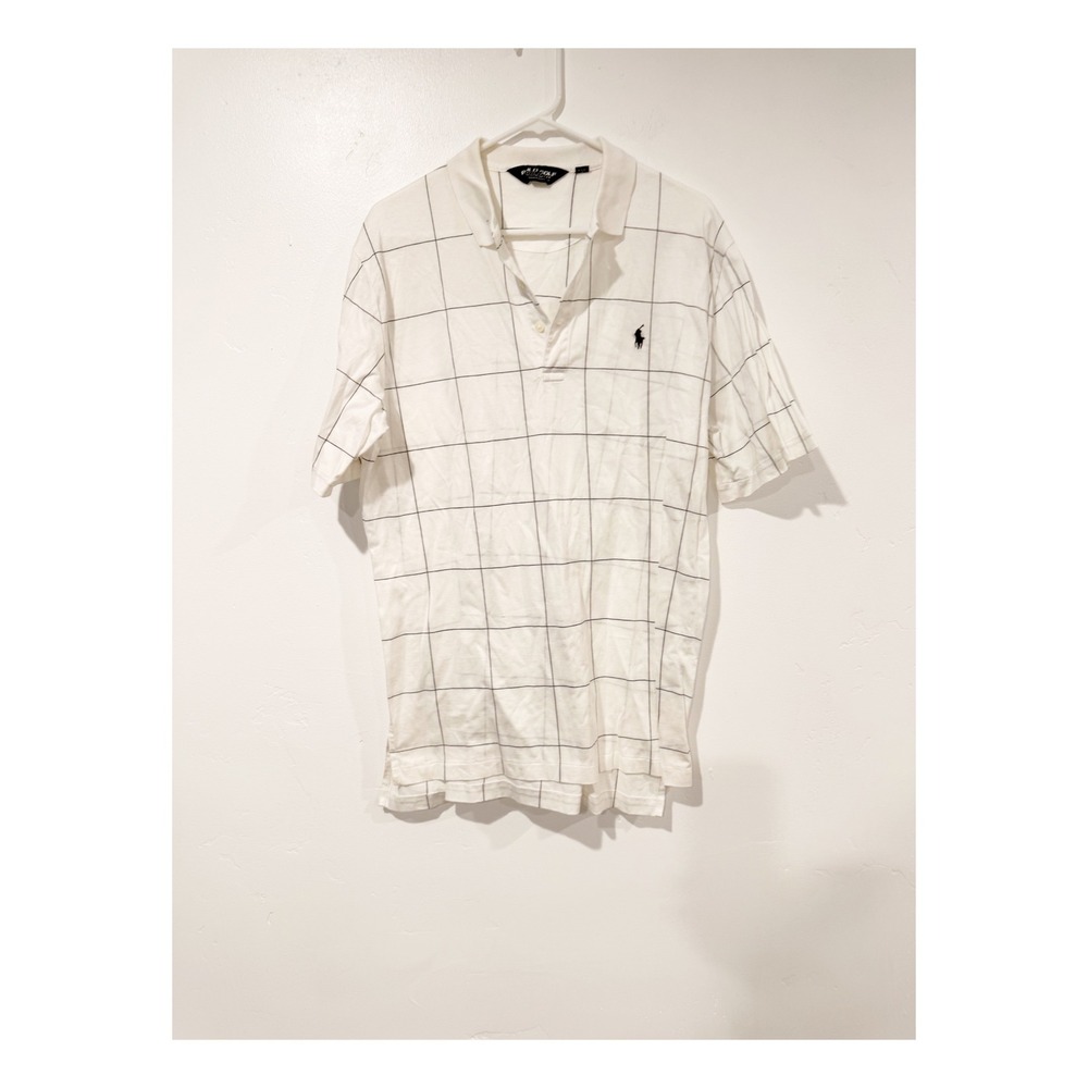 Polo Golf Ralph Lauren Mens Medium White Black Windowpane Grid Polo Shirt Cotton